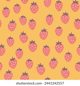 Seamless pattern with strawberry on color background. Natural delicious fresh ripe tasty fruit. Vector illustration for print, fabric, textile, banner, other design. Food concept