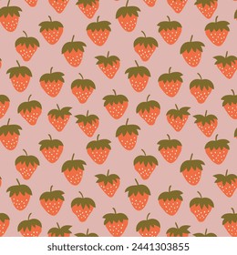 Seamless pattern with strawberry on color background. Natural delicious fresh ripe tasty fruit. Vector illustration for print, fabric, textile, banner, other design. Food concept