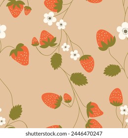 Seamless pattern with strawberry on color background. Natural delicious fresh ripe tasty fruit. Vector illustration for print, fabric, textile, banner, other design. Food concept