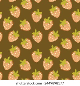 Patrón sin fisuras con fresa sobre fondo de color. Natural deliciosa fruta fresca madura sabrosa. Ilustración vectorial para estampado, tela, textil, Anuncio, otro diseño. Concepto de comida