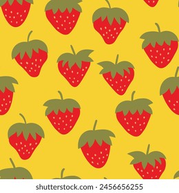 Patrón sin fisuras con fresa sobre fondo de color. Natural deliciosa fruta fresca madura sabrosa. Ilustración vectorial para estampado, tela, textil, Anuncio, otro diseño. Concepto de comida