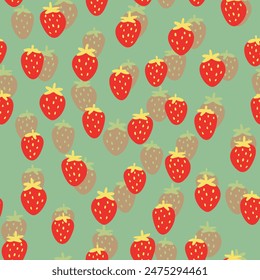 Seamless pattern with strawberry on color background. Natural delicious fresh ripe tasty fruit. Vector illustration for print, fabric, textile, banner, other design. Food concept