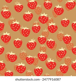 Seamless pattern with strawberry on color background. Natural delicious fresh ripe tasty fruit. Vector illustration for print, fabric, textile, banner, other design. Food concept