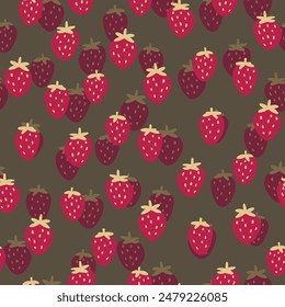 Seamless pattern with strawberry on color background. Natural delicious fresh ripe tasty fruit. Vector illustration for print, fabric, textile, banner, other design. Food concept