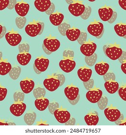 Seamless pattern with strawberry on color background. Natural delicious fresh ripe tasty fruit. Vector illustration for print, fabric, textile, banner, other design. Food concept
