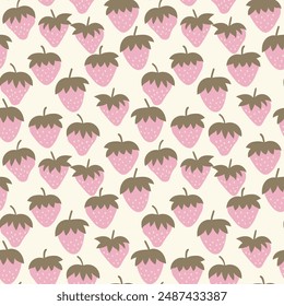 Patrón sin fisuras con fresa sobre fondo de color. Natural deliciosa fruta fresca madura sabrosa. Ilustración vectorial para estampado, tela, textil, Anuncio, otro diseño. Concepto de comida