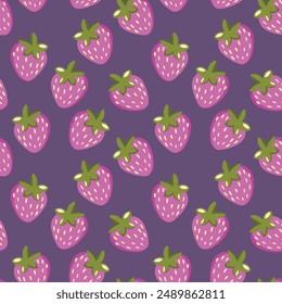 Seamless pattern with strawberry on color background. Natural delicious fresh ripe tasty fruit. Vector illustration for print, fabric, textile, banner, other design. Food concept