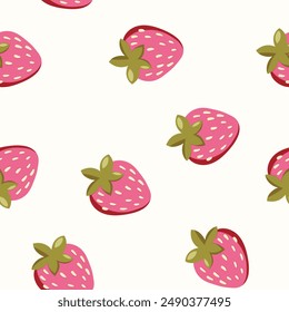 Patrón sin fisuras con fresa sobre fondo de color. Natural deliciosa fruta fresca madura sabrosa. Ilustración vectorial para estampado, tela, textil, Anuncio, otro diseño. Concepto de comida