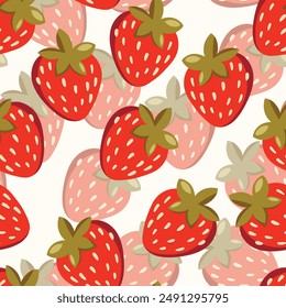 Seamless pattern with strawberry on color background. Natural delicious fresh ripe tasty fruit. Vector illustration for print, fabric, textile, banner, other design. Food concept