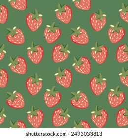 Seamless pattern with strawberry on color background. Natural delicious fresh ripe tasty fruit. Vector illustration for print, fabric, textile, banner, other design. Food concept