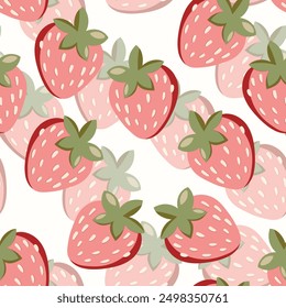 Seamless pattern with strawberry on color background. Natural delicious fresh ripe tasty fruit. Vector illustration for print, fabric, textile, banner, other design. Food concept