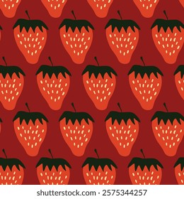 Seamless pattern with strawberry on color background. Natural delicious fresh ripe tasty fruit. Vector illustration for print, fabric, textile, banner, other design. Food concept