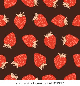 Seamless pattern with strawberry on color background. Natural delicious fresh ripe tasty fruit. Vector illustration for print, fabric, textile, banner, other design. Food concept