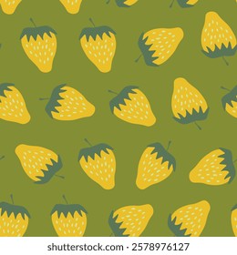 Seamless pattern with strawberry on color background. Natural delicious fresh ripe tasty fruit. Vector illustration for print, fabric, textile, banner, other design. Food concept.