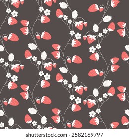 Seamless pattern with strawberry on color background. Natural delicious fresh ripe tasty fruit. Vector illustration for print, fabric, textile, banner, other design. Food concept.