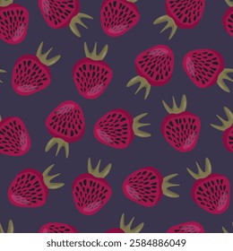 Seamless pattern with strawberry on color background. Natural delicious fresh ripe tasty fruit. Vector illustration for print, fabric, textile, banner, other design. Food concept.