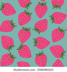 Seamless pattern with strawberry on color background. Natural delicious fresh ripe tasty fruit. Vector illustration for print, fabric, textile, banner, other design. Food concept.