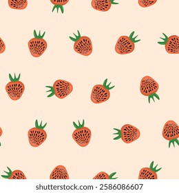 Seamless pattern with strawberry on color background. Natural delicious fresh ripe tasty fruit. Vector illustration for print, fabric, textile, banner, other design. Food concept.