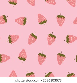 Seamless pattern with strawberry on color background. Natural delicious fresh ripe tasty fruit. Vector illustration for print, fabric, textile, banner, other design. Food concept.