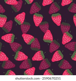 Seamless pattern with strawberry on color background. Natural delicious fresh ripe tasty fruit. Vector illustration for print, fabric, textile, banner, other design. Food concept.