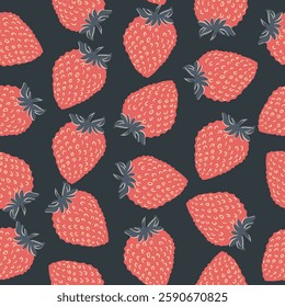 Seamless pattern with strawberry on color background. Natural delicious fresh ripe tasty fruit. Vector illustration for print, fabric, textile, banner, other design. Food concept.