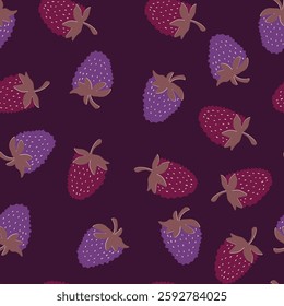 Seamless pattern with strawberry on color background. Natural delicious fresh ripe tasty fruit. Vector illustration for print, fabric, textile, banner, other design. Food concept.