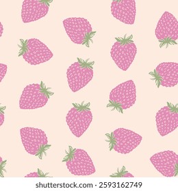 Seamless pattern with strawberry on color background. Natural delicious fresh ripe tasty fruit. Vector illustration for print, fabric, textile, banner, other design. Food concept.