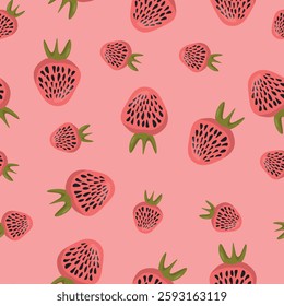 Seamless pattern with strawberry on color background. Natural delicious fresh ripe tasty fruit. Vector illustration for print, fabric, textile, banner, other design. Food concept.