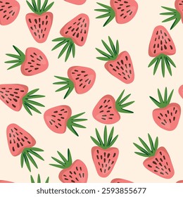 Seamless pattern with strawberry on color background. Natural delicious fresh ripe tasty fruit. Vector illustration for print, fabric, textile, banner, other design. Food concept.