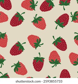 Seamless pattern with strawberry on color background. Natural delicious fresh ripe tasty fruit. Vector illustration for print, fabric, textile, banner, other design. Food concept.