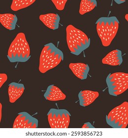 Seamless pattern with strawberry on color background. Natural delicious fresh ripe tasty fruit. Vector illustration for print, fabric, textile, banner, other design. Food concept.