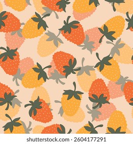 Seamless pattern with strawberry on color background. Natural delicious fresh ripe tasty fruit. Vector illustration for print, fabric, textile, banner, other design. Food concept.
