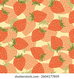 Seamless pattern with strawberry on color background. Natural delicious fresh ripe tasty fruit. Vector illustration for print, fabric, textile, banner, other design. Food concept.