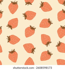 Seamless pattern with strawberry on color background. Natural delicious fresh ripe tasty fruit. Vector illustration for print, fabric, textile, banner, other design. Food concept.