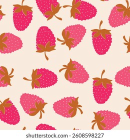 Seamless pattern with strawberry on color background. Natural delicious fresh ripe tasty fruit. Vector illustration for print, fabric, textile, banner, other design. Food concept.