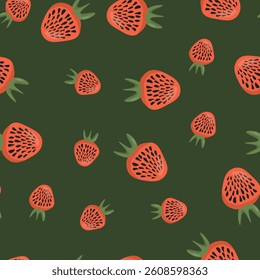 Seamless pattern with strawberry on color background. Natural delicious fresh ripe tasty fruit. Vector illustration for print, fabric, textile, banner, other design. Food concept.