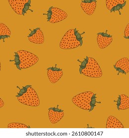 Seamless pattern with strawberry on color background. Natural delicious fresh ripe tasty fruit. Vector illustration for print, fabric, textile, banner, other design. Food concept.
