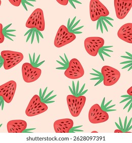Seamless pattern with strawberry on color background. Natural delicious fresh ripe tasty fruit. Vector illustration for print, fabric, textile, banner, other design. Food concept.