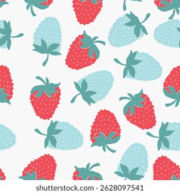 Seamless pattern with strawberry on color background. Natural delicious fresh ripe tasty fruit. Vector illustration for print, fabric, textile, banner, other design. Food concept.