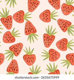 Seamless pattern with strawberry on color background. Natural delicious fresh ripe tasty fruit. Vector illustration for print, fabric, textile, banner, other design. Food concept.