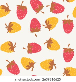 Seamless pattern with strawberry on color background. Natural delicious fresh ripe tasty fruit. Vector illustration for print, fabric, textile, banner, other design. Food concept.