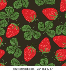 Seamless pattern with strawberry on color background. Natural delicious fresh ripe tasty fruit. Vector illustration for print, fabric, textile, banner, other design. Food concept.