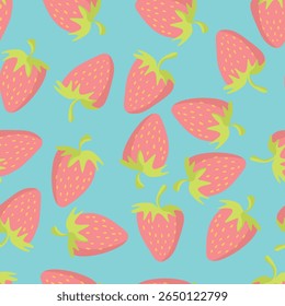 Seamless pattern with strawberry on color background. Natural delicious fresh ripe tasty fruit. Vector illustration for print, fabric, textile, banner, other design. Food concept.