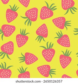 Seamless pattern with strawberry on color background. Natural delicious fresh ripe tasty fruit. Vector illustration for print, fabric, textile, banner, other design. Food concept.