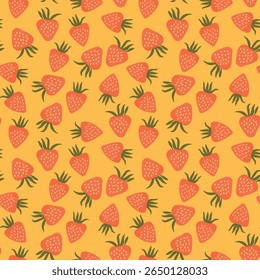 Patrón sin fisuras con fresa sobre fondo de color. Natural deliciosa fruta madura sabrosa fresca. Ilustración vectorial para impresión, tela, textil, Anuncio, otro diseño. Concepto de comida.