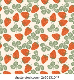 Padrão contínuo com morango no fundo de cor. Natural deliciosa fruta fresca e saborosa. Ilustração vetorial para impressão, tecido, têxtil, banner, outro design. Conceito alimentar.