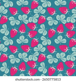 Patrón sin fisuras con fresa sobre fondo de color. Natural deliciosa fruta madura sabrosa fresca. Ilustración vectorial para impresión, tela, textil, Anuncio, otro diseño. Concepto de comida.