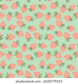 Seamless pattern with strawberry on color background. Natural delicious fresh ripe tasty fruit. Vector illustration for print, fabric, textile, banner, other design. Food concept.
