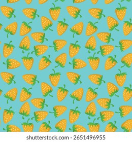Padrão contínuo com morango no fundo de cor. Natural deliciosa fruta fresca e saborosa. Ilustração vetorial para impressão, tecido, têxtil, banner, outro design. Conceito alimentar.