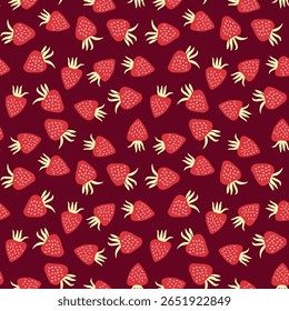 Padrão contínuo com morango no fundo de cor. Natural deliciosa fruta fresca e saborosa. Ilustração vetorial para impressão, tecido, têxtil, banner, outro design. Conceito alimentar.